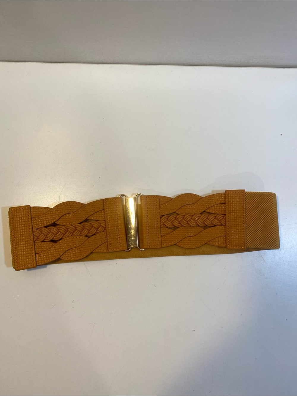 Braided Elastic Waist Belt In Mustard with Gold-Tone Buckle - Mustard Fits M/L